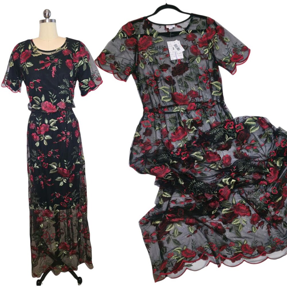 LuLaRoe Deanne II Layering Dress Large Black Mesh Red Rose Embroidery Maxi